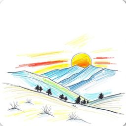 A captivating hand-drawn sketch showcases a mesmerizing sunset over a serene mountain valley, brought to life with bright, vi