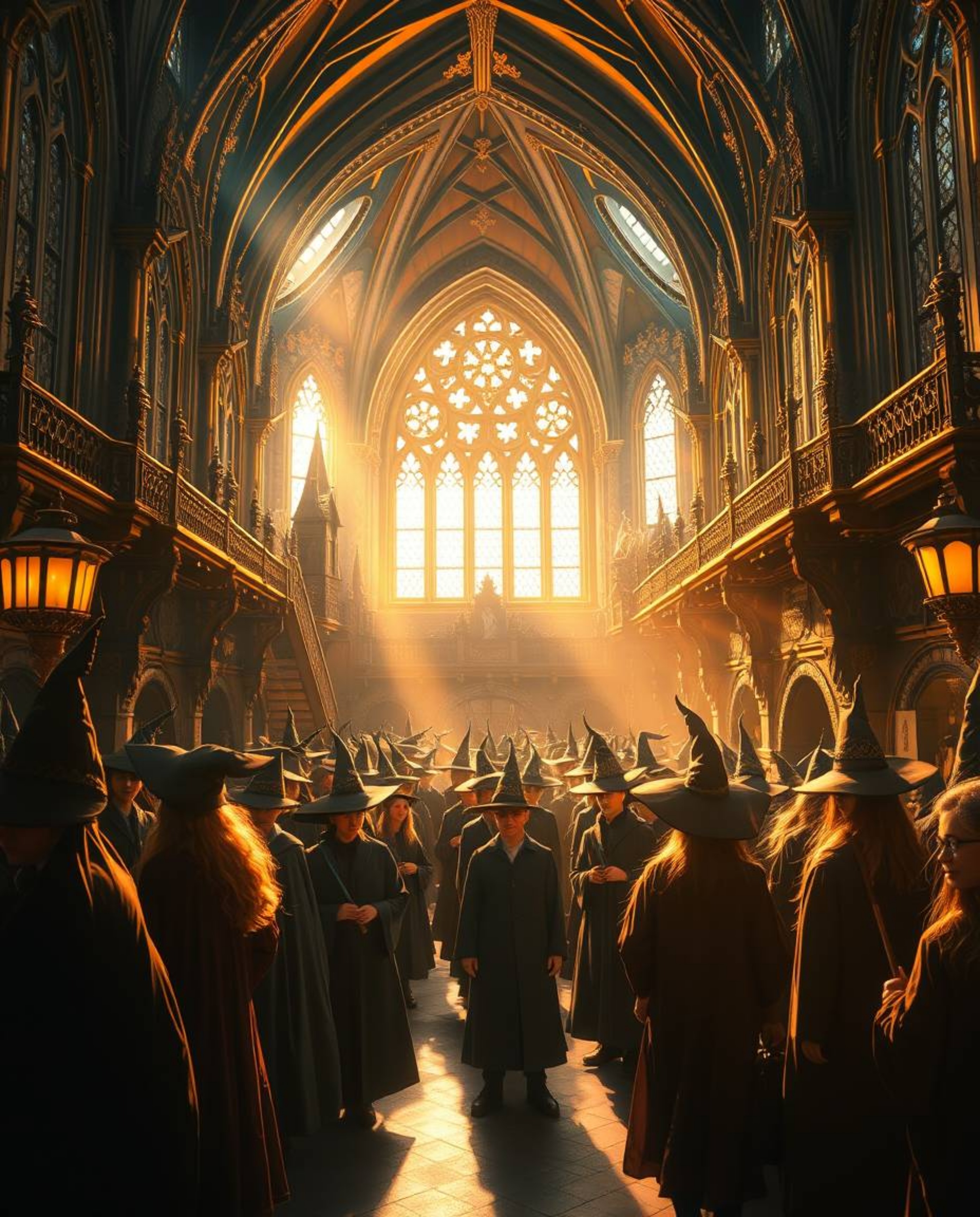 A radiant and luxurious magical school filled with young wizards is bathed in warm, golden light. The image emphasizes rich t