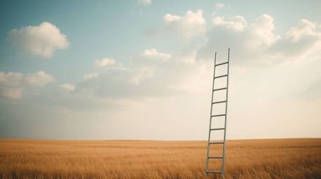 A captivating minimalist image depicts a silver ladder standing in a vast open field under a dramatic cloudy sky.  This evoca