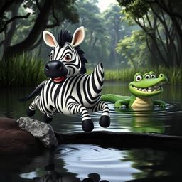 A vibrant 3D cartoon scene depicts a cute zebra with expressive eyes and a friendly smile leaping to a riverbank, its black a