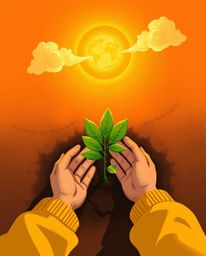 This vibrant digital illustration captures a bird's-eye view of hands planting a tree beneath a radiant golden sky. The artwo