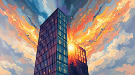 This collection features bold acrylic paintings depicting a modern glass building dissolving into a dramatic stormy sky. Vibr
