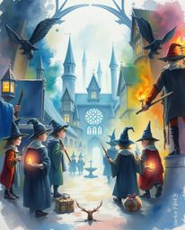 A delicate watercolor painting depicts a magical school teeming with young wizards. Intense dramatic lighting and high contra