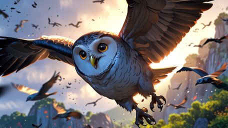 This dynamic and inspiring artwork, rendered in a captivating blend of Pixar and anime styles, shows a wise blind owl in mid-