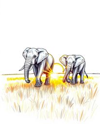 This is a hand-drawn sketch of elephants walking across a field at sunset, presented on a clean white background. The artwork