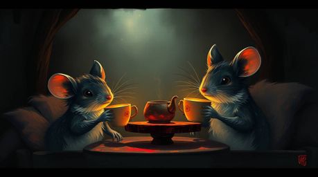 A captivating digital painting showcases anthropomorphic mice enjoying a tea party in a cozy cottage.  Rendered in a moody, l