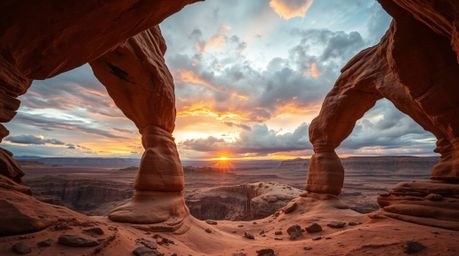 Witness the captivating contrast of graceful features against stormy skies in this high-tension image of a desert sunset, fra