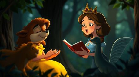 A beautiful princess singing with forest animals in a classic, vintage 2D animation style. The scene is brought to life with 