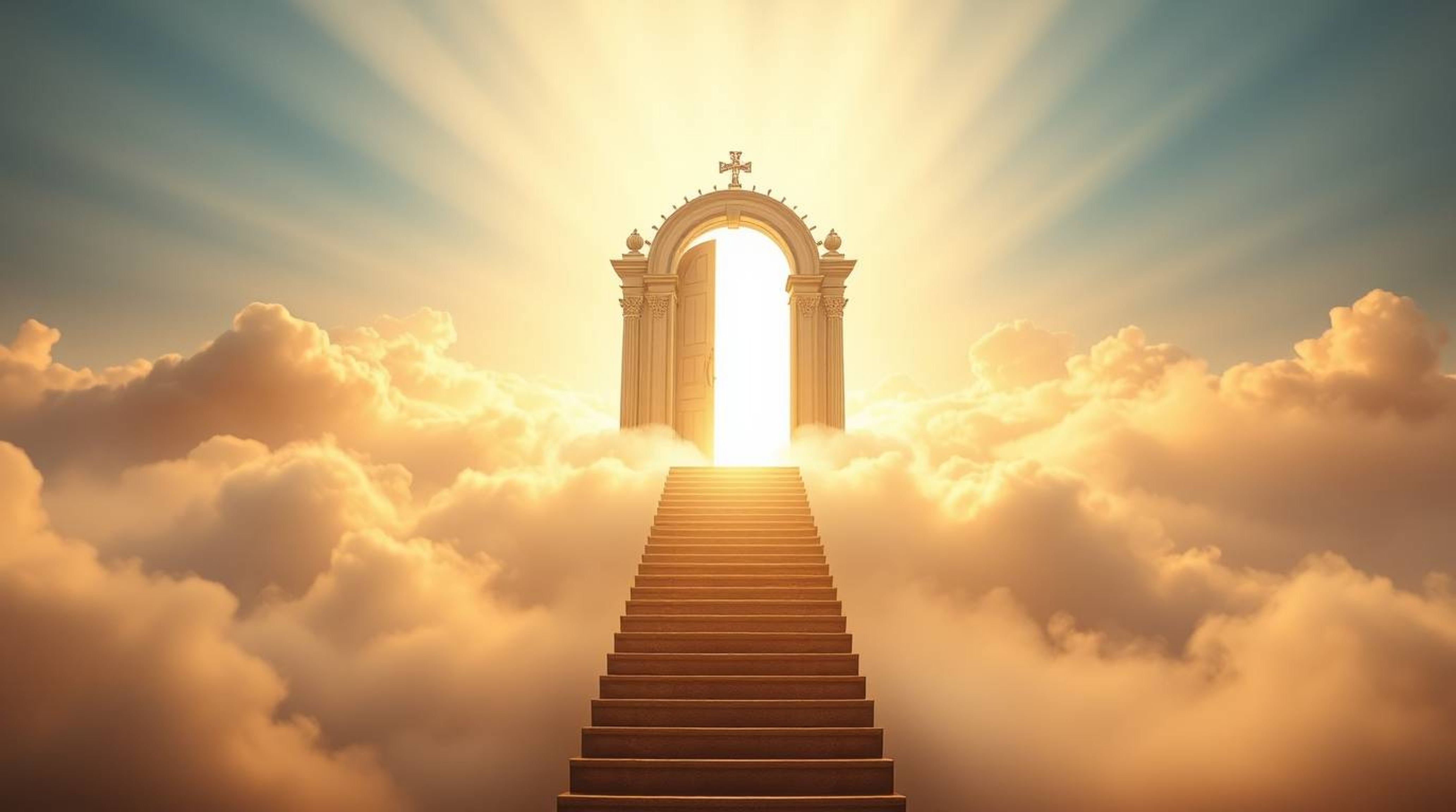 A breathtaking high-resolution stock photo depicting a heavenly gate majestically floating above a sea of clouds.  Stairs asc