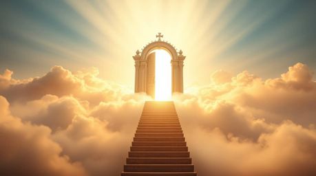 A breathtaking high-resolution stock photo depicting a heavenly gate majestically floating above a sea of clouds.  Stairs asc