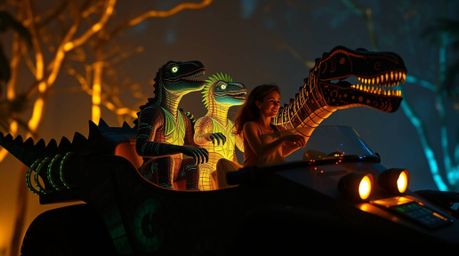 Experience a vibrant and radiant scene featuring a prehistoric family riding a dinosaur car, bathed in warm golden light and 