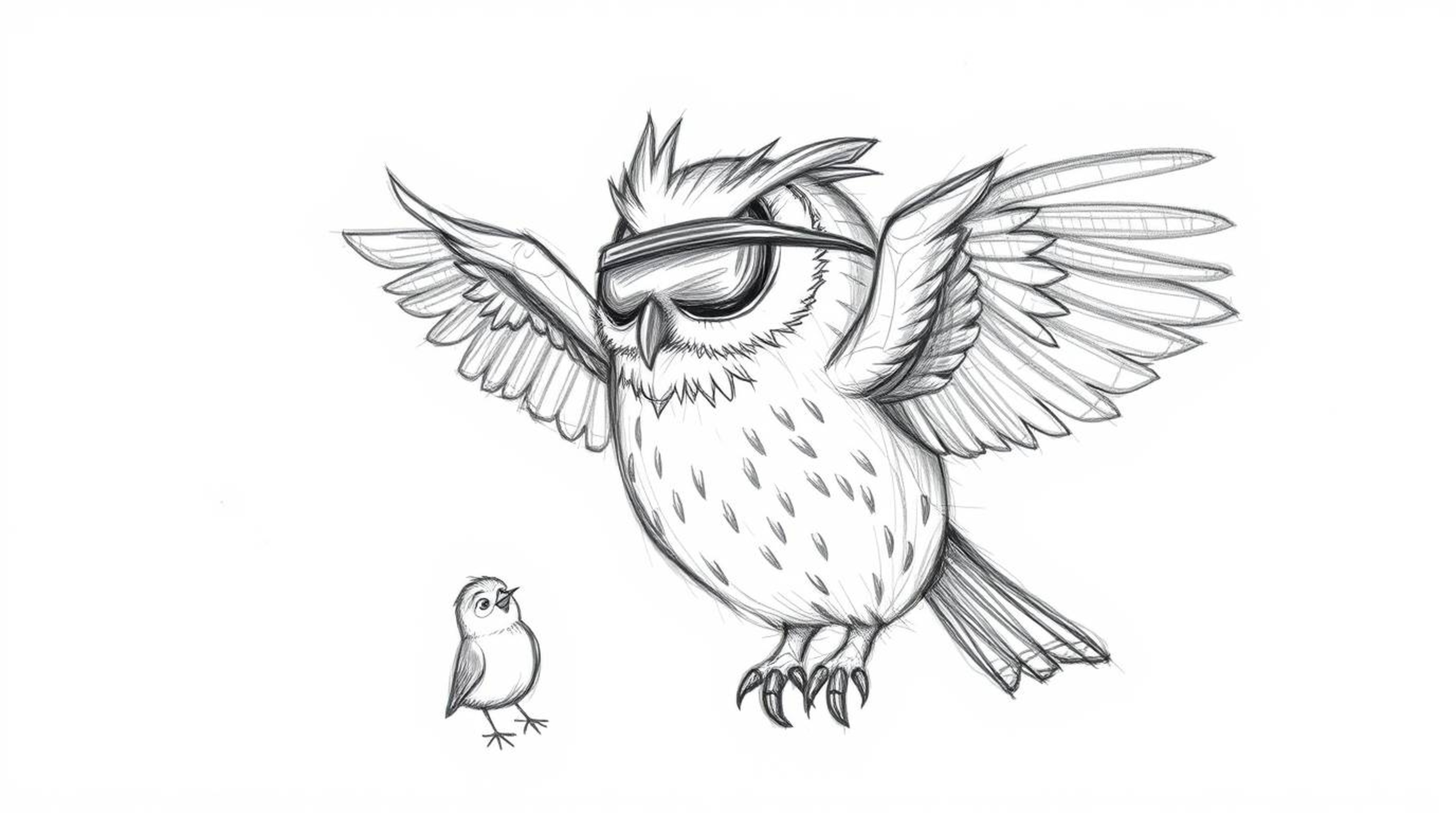 A heartwarming Pixar-inspired sketch depicts a blind owl, with a face radiating serene wisdom, guiding a flock of small, vuln