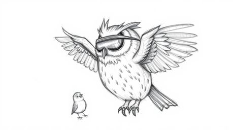 A heartwarming Pixar-inspired sketch depicts a blind owl, with a face radiating serene wisdom, guiding a flock of small, vuln