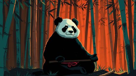 Immerse yourself in a captivating chiaroscuro illustration of a panda martial artist meditating serenely within a bamboo fore