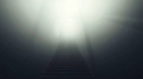 A surreal stairway image evokes a powerful sense of spiritual awakening.  Ascending through thick fog towards a celestial lig
