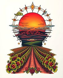 A symbolic traditional tattoo art print on a white background, depicting an epic, massive-scale scene of a sunset over a vine