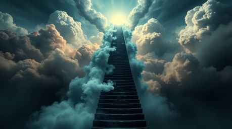 A captivating journey into the unknown unfolds through a winding stairway composed of smoke and light, ascending into a vast,