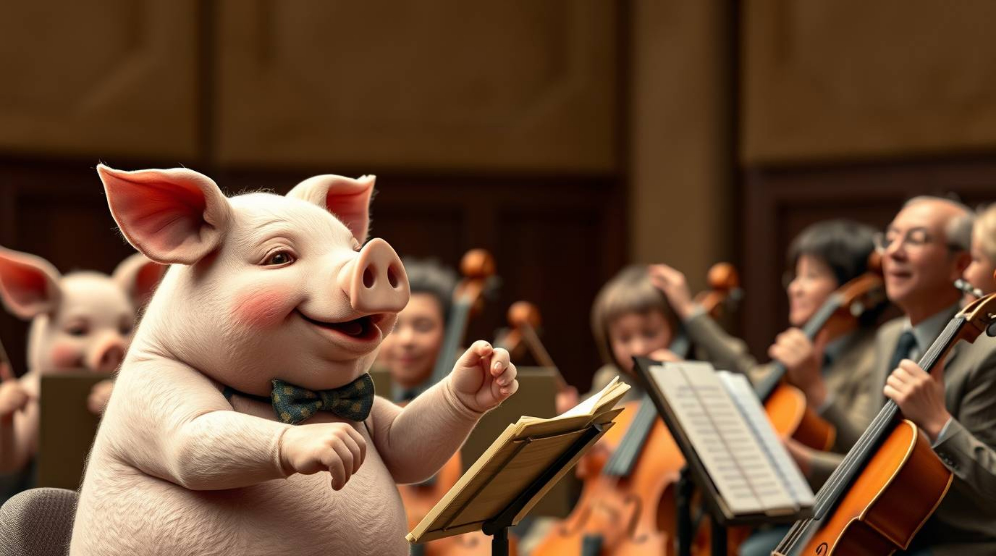 A charming illustration depicts a pig character attempting to conduct an orchestra.  Rendered in natural earth tones of brown