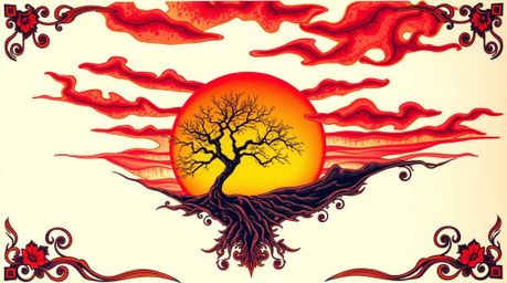 A captivating overhead shot showcases a lone tree silhouetted against a vibrant, fiery sunset.  Rendered in surreal infrared 