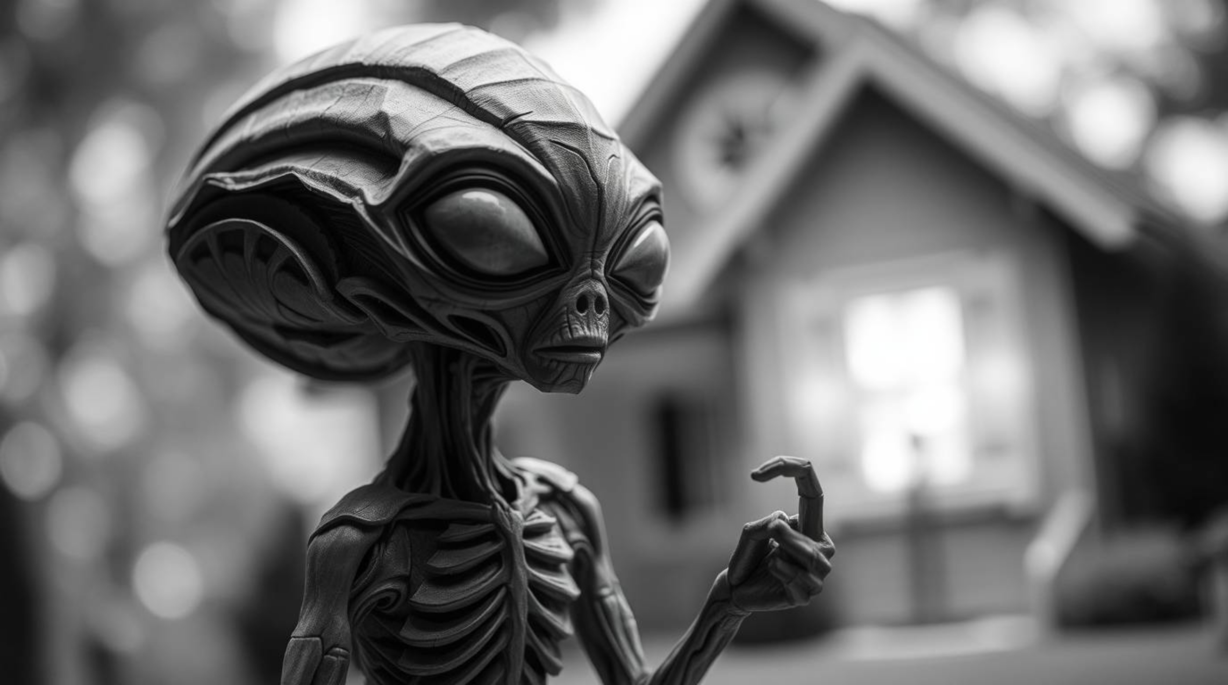 This artwork depicts a sculpted alien with intricate details residing in a typical suburban house, crafted from layered papie