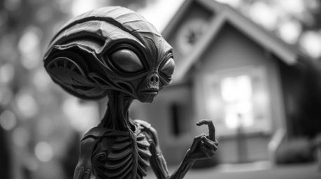 This artwork depicts a sculpted alien with intricate details residing in a typical suburban house, crafted from layered papie