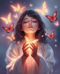 A digital painting depicts a girl releasing butterflies, rendered with smooth gradient transitions and ethereal lighting. The