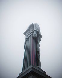 A high-angle, monochromatic shot depicts a classical sculpture enveloped in thick fog, showcasing a striking colorful glitch 