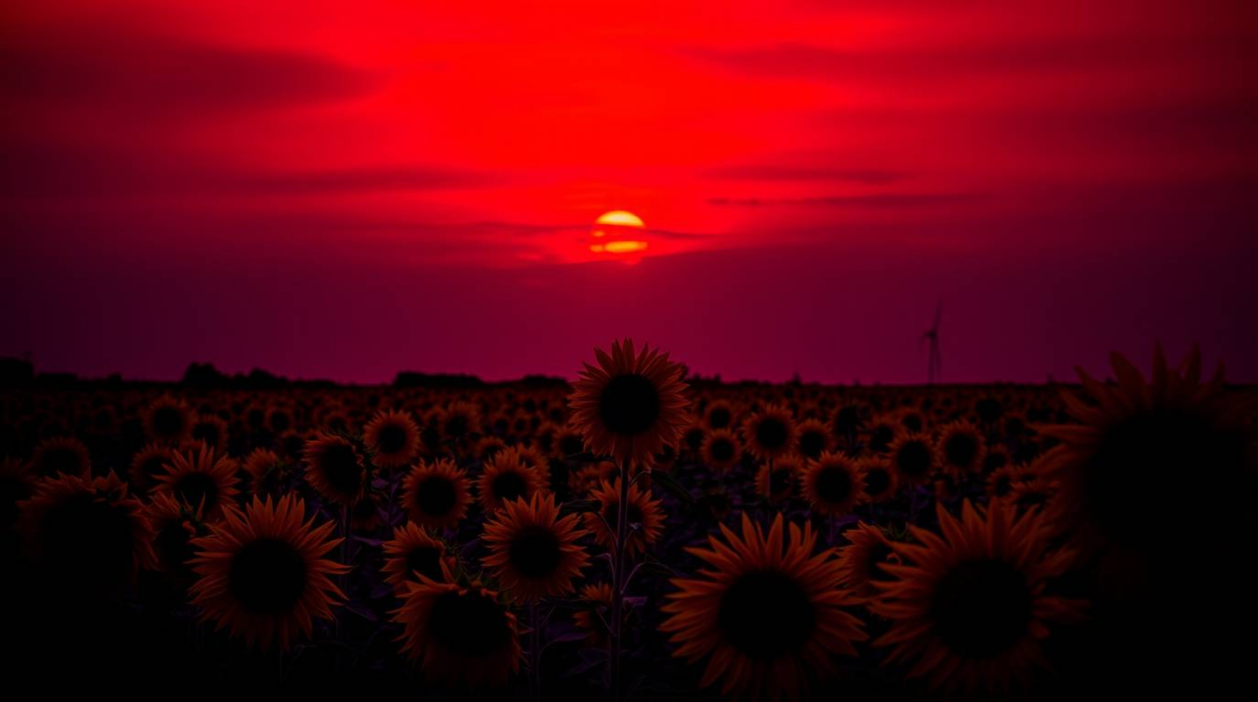 Experience the captivating beauty of a sunflower field bathed under a dramatic deep red and purple sky. This high-contrast, l