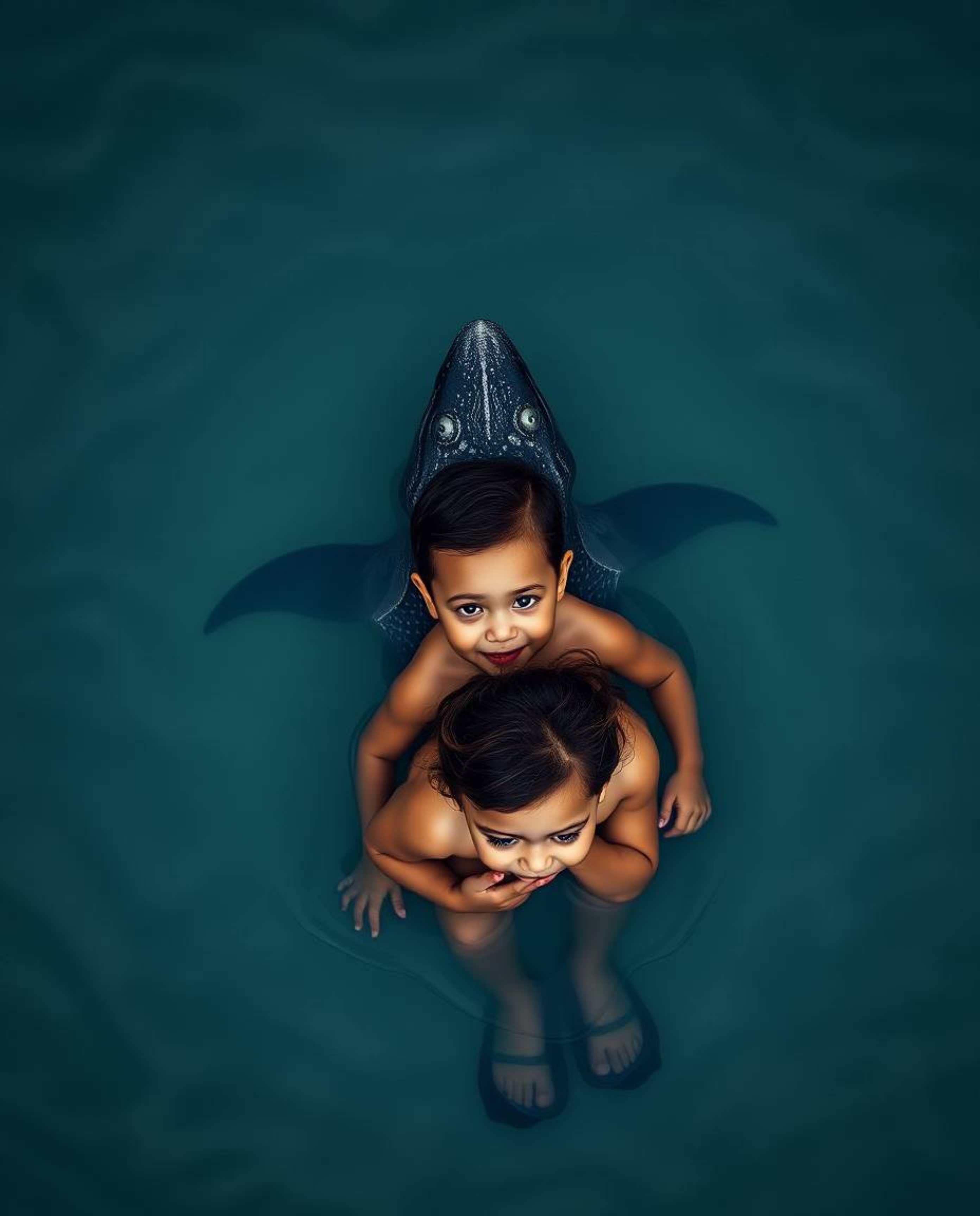 This stunning fine art photograph captures a heartwarming scene from an overhead bird's eye view, depicting a gentle sea crea