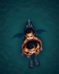This stunning fine art photograph captures a heartwarming scene from an overhead bird's eye view, depicting a gentle sea crea