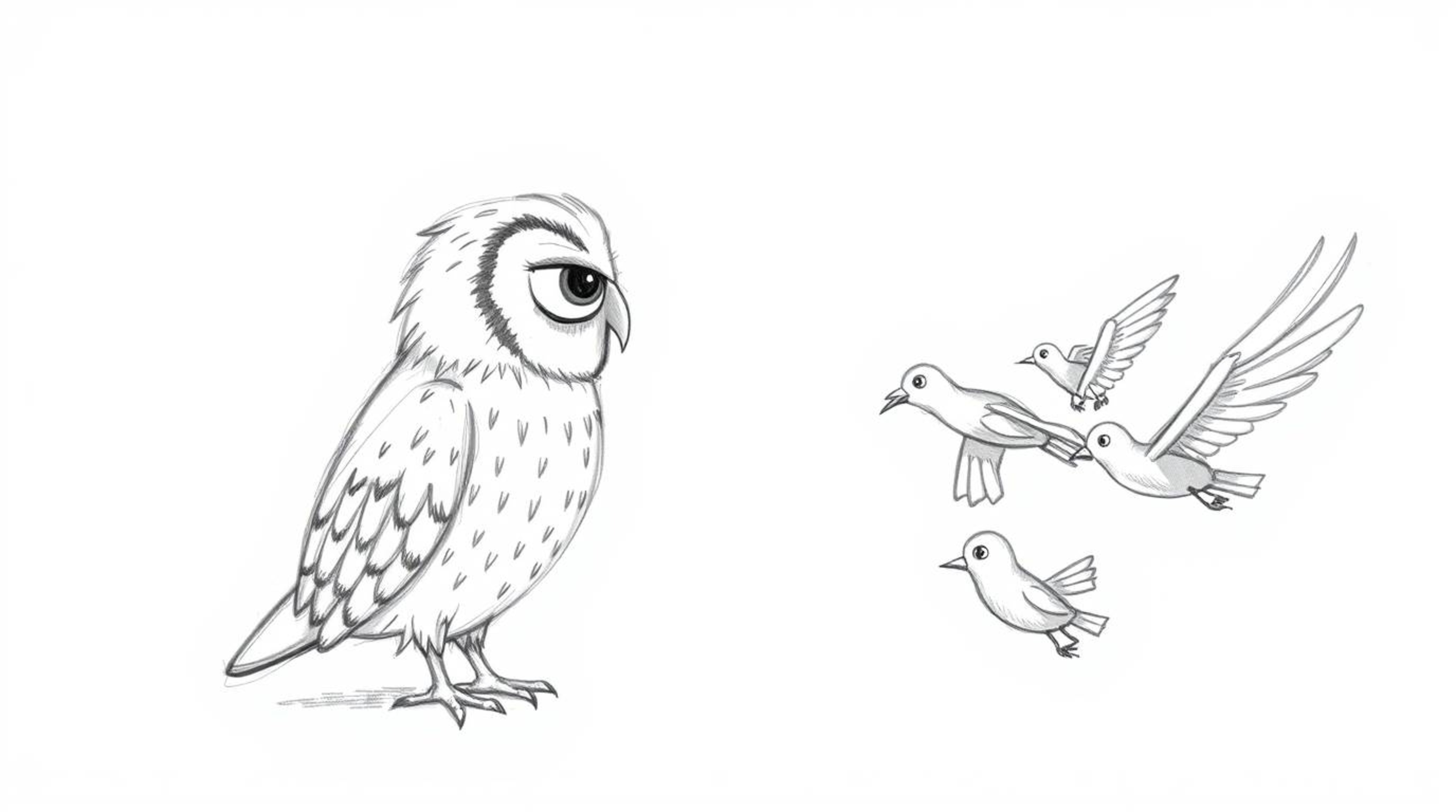 A heartwarming hand-drawn sketch in the style of Pixar depicts a blind owl with soft, feathery textures patiently teaching a 