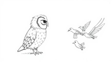 A heartwarming hand-drawn sketch in the style of Pixar depicts a blind owl with soft, feathery textures patiently teaching a 