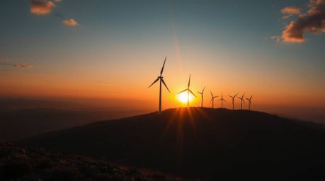 A breathtaking professional photograph captures a grand sunset behind a row of wind turbines perched atop a hill. The image b
