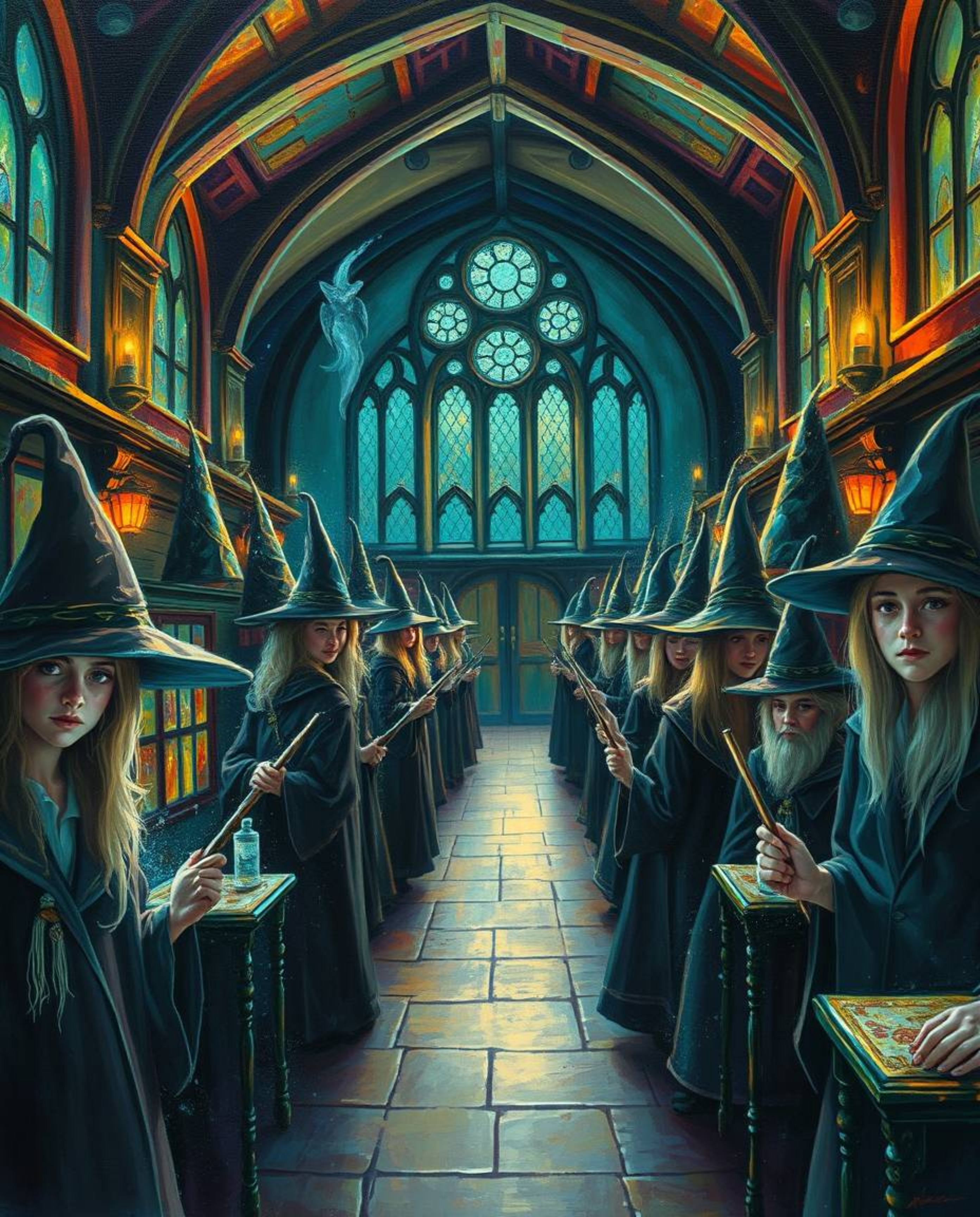 Immerse yourself in a magical school brimming with young wizards, depicted in a classic oil painting style. This vibrant artw