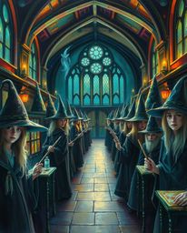 Immerse yourself in a magical school brimming with young wizards, depicted in a classic oil painting style. This vibrant artw