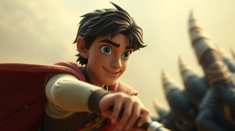 A captivating image depicting a charming prince battling a fearsome dragon, rendered in a nostalgic 1950s animation style.  T