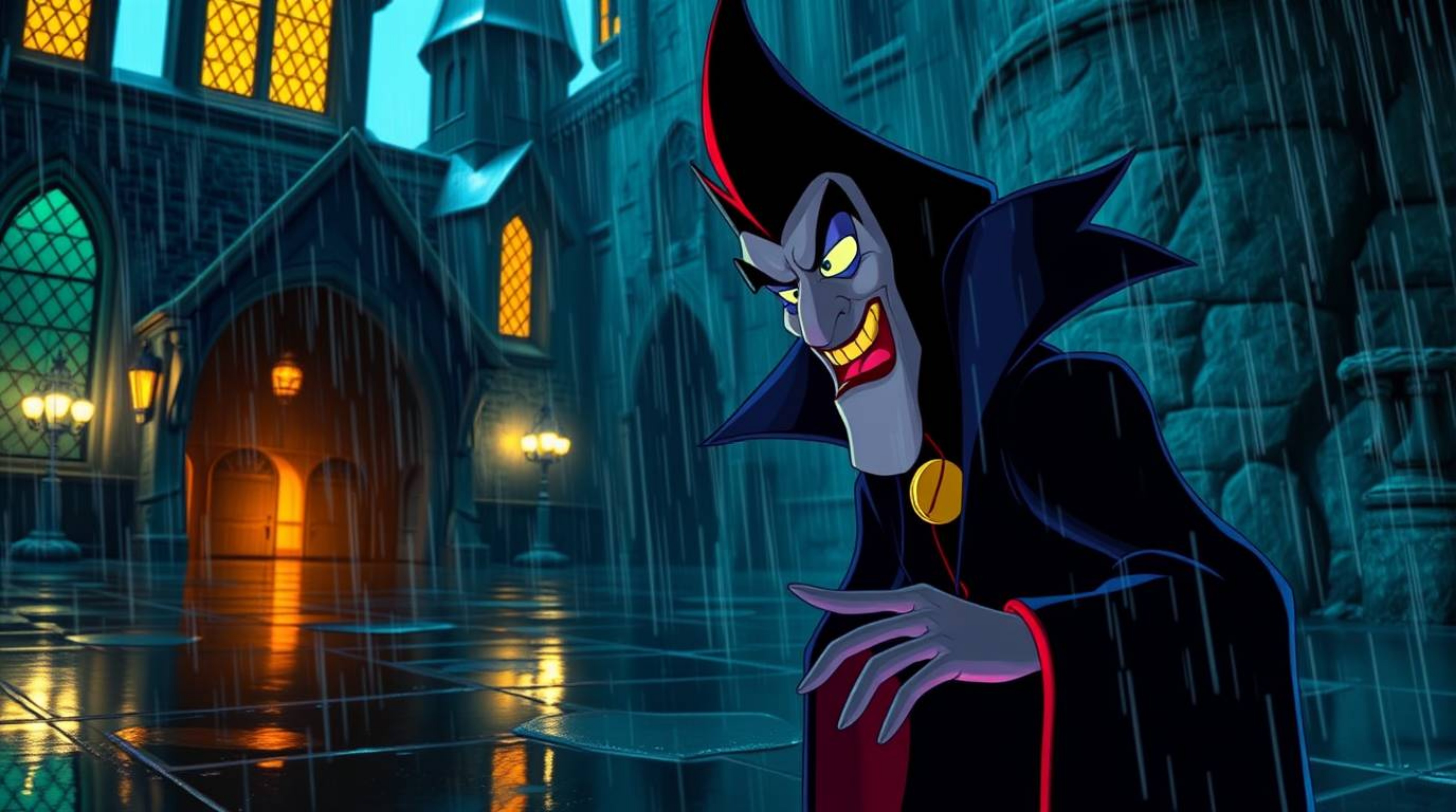 A classic Disney villain with exaggerated features and dark skin is depicted casting a spell within a rain-slicked old castle