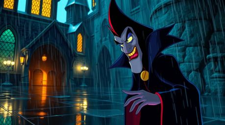 A classic Disney villain with exaggerated features and dark skin is depicted casting a spell within a rain-slicked old castle