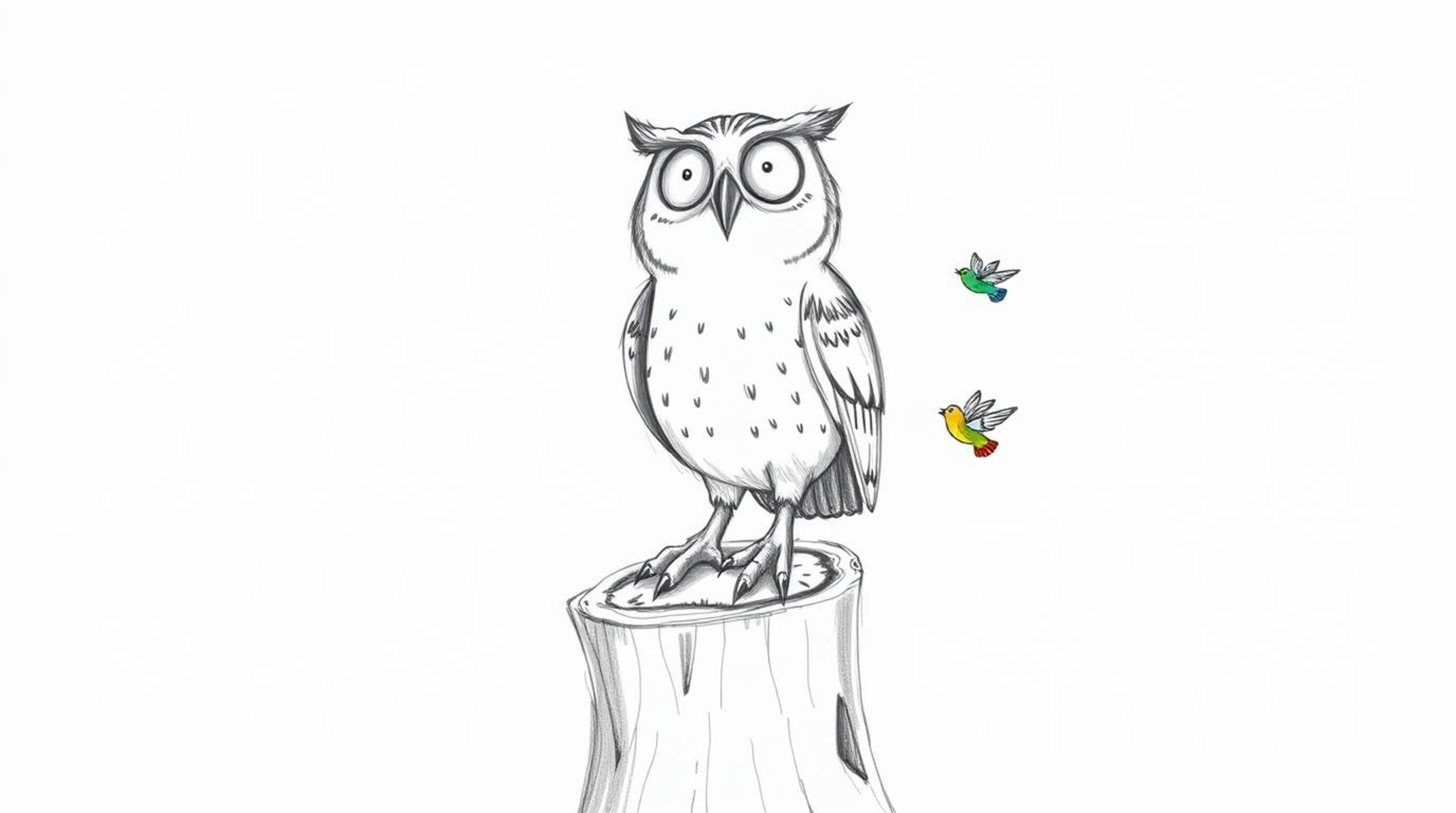 A heartwarming Pixar-esque hand-drawn sketch showcases a blind owl perched joyfully on a tree stump against a clean white bac