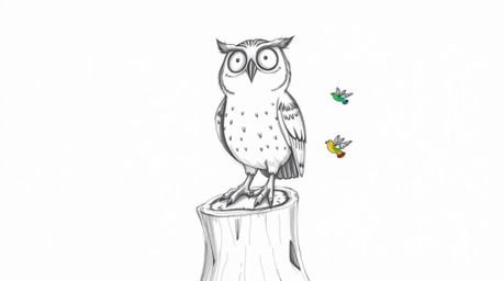 A heartwarming Pixar-esque hand-drawn sketch showcases a blind owl perched joyfully on a tree stump against a clean white bac