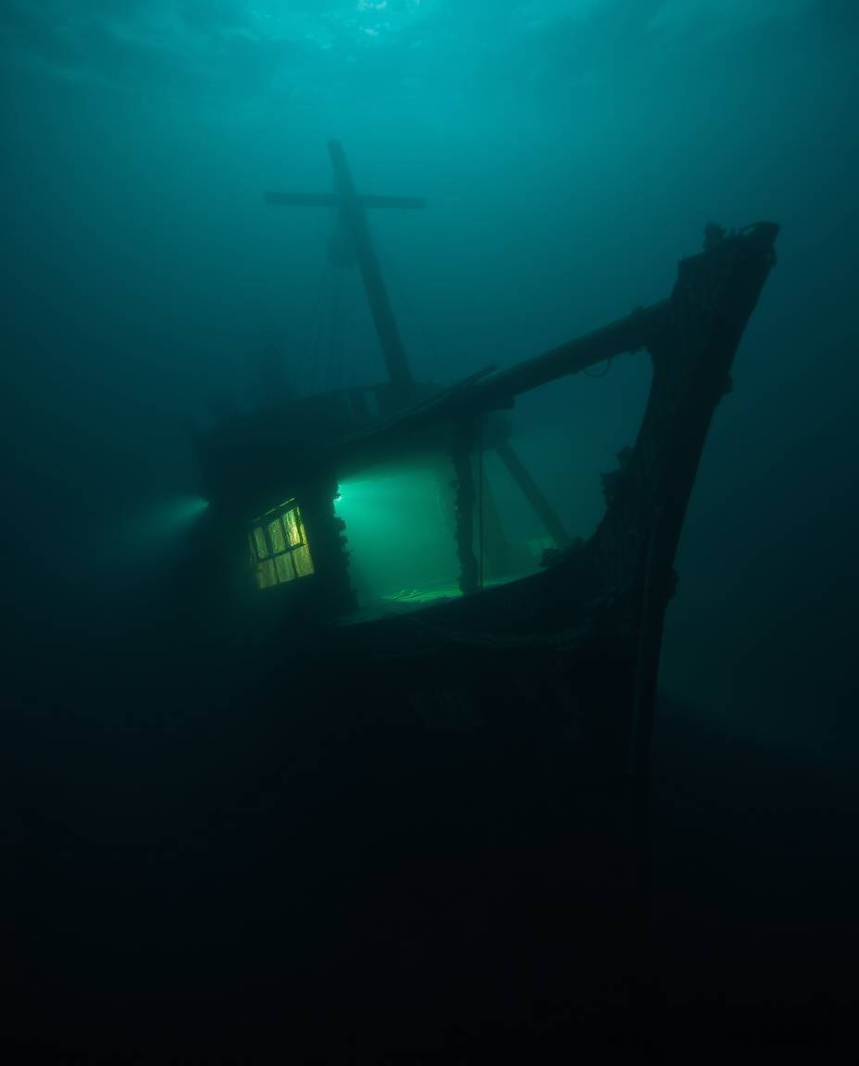 An illuminated shipwreck rests deep underwater, bathed in a soft cinematic haze with smooth gradient transitions and seamless