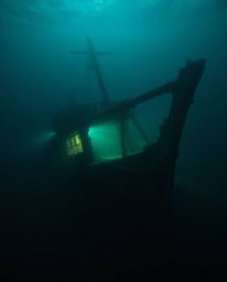 An illuminated shipwreck rests deep underwater, bathed in a soft cinematic haze with smooth gradient transitions and seamless
