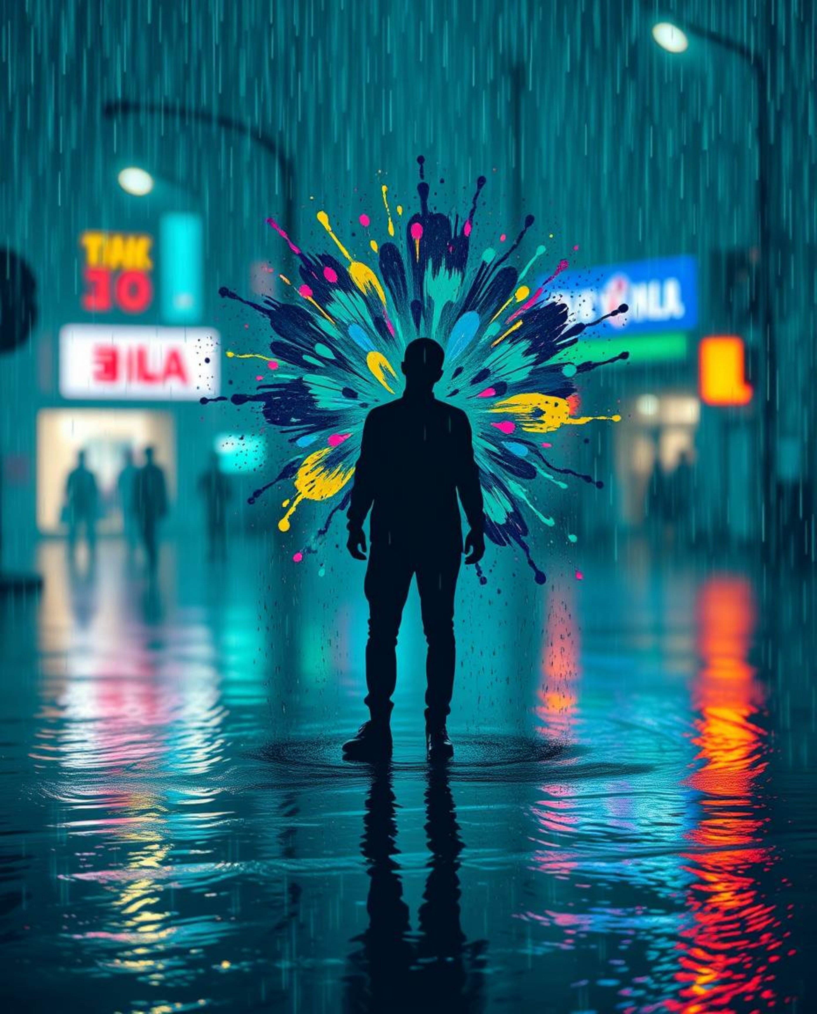 Immerse yourself in a rich, deep teal rainy scene where colorful splash patterns dynamically form a human silhouette in a cap