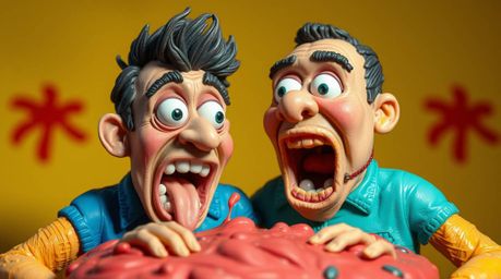 This sculptural clay art piece captures a hilarious gross-out comedy moment with exaggerated expressions, accentuated by a br