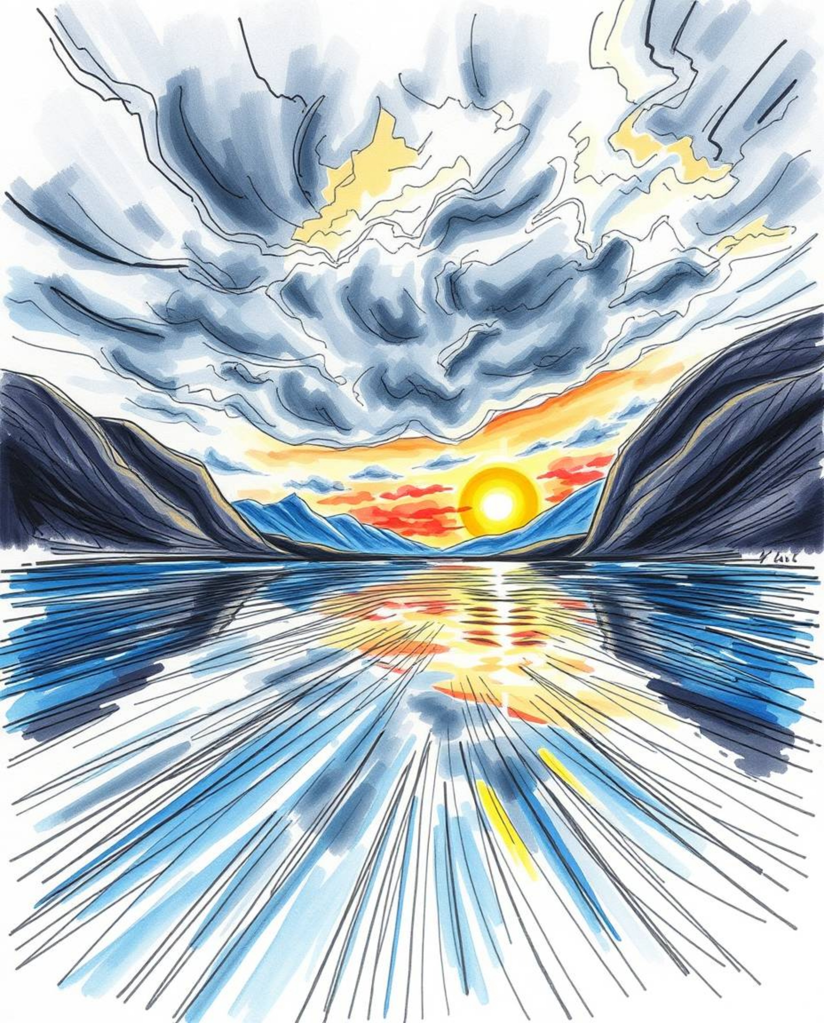 A dynamic, hand-drawn color sketchnote of a glassy fjord reflecting a sunset under stormy skies. This artwork captures the fe