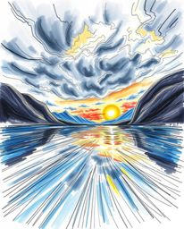 A dynamic, hand-drawn color sketchnote of a glassy fjord reflecting a sunset under stormy skies. This artwork captures the fe