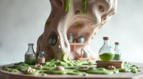 A sculptural clay art piece depicting a slime-covered science lab, brought to life with modeled shapes and textured surfaces.