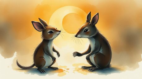A captivating watercolor painting depicts two mischievous talking animals bathed in the warm glow of golden hour.  The artwor