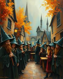 Immerse yourself in a classic oil painting depiction of a magical school brimming with young wizards. The warm autumn colors 