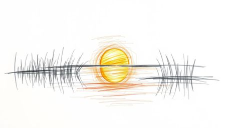 A hand-drawn sketch bathed in warm golden hour light, capturing the reflection of a colorful sunset in a calm pond. The artwo